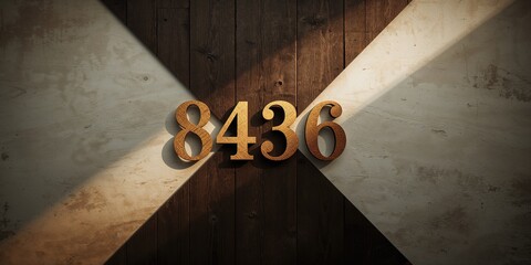 Decorative wooden numbers 8436 painted gold on a patterned plank background, suitable for display or labeling