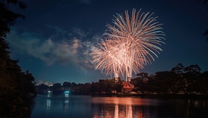 Colorful fireworks illuminating the night sky over a park during a holiday event