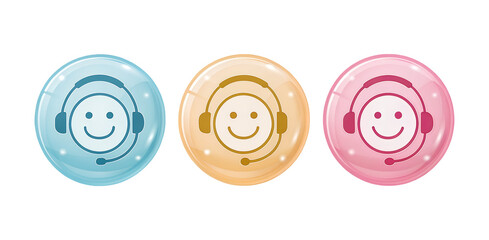 Illustration of three colorful smiley faces wearing headsets on a white isolated on transparent background