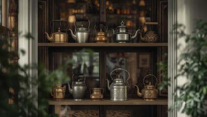 Collection of vintage teapots with distinctive patterns arranged on a rustic shelf, highlighting artisanal craftsmanship