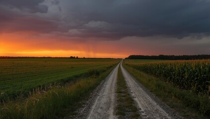 Rural dirt pathway amid open fields under sunset sky with approaching storm clouds, highlighting landscape features
