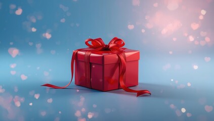 Valentine's Day gift box in red with heart design on blue background, highlighting seasonal celebration