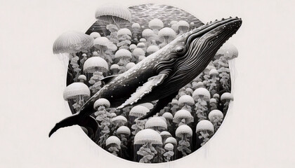 An engraved style whale and jellyfish art, Ai generated image