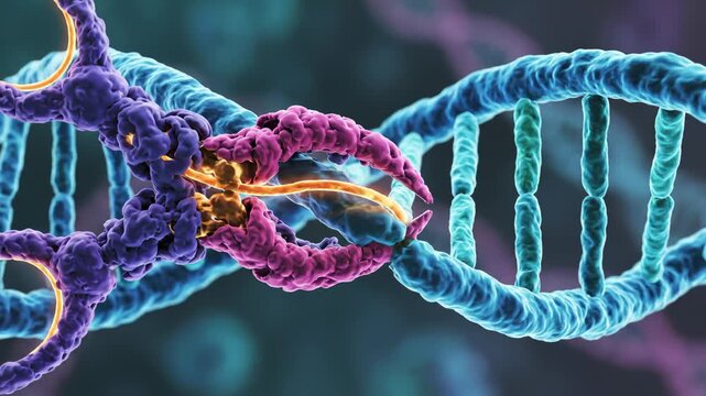 Dna Strands Interacting on Dark Background, Medical Animation