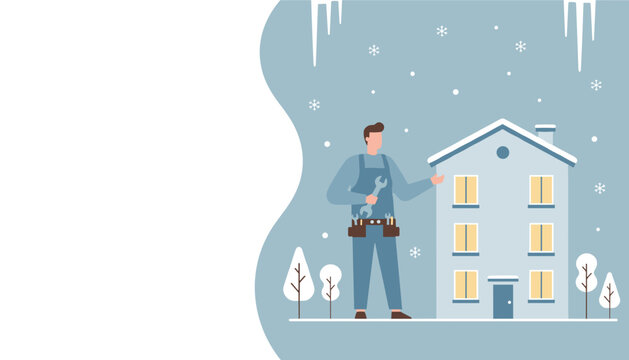 Professional handyman providing winter home maintenance and repair service against a snowy backdrop with copy space - Powered by Adobe