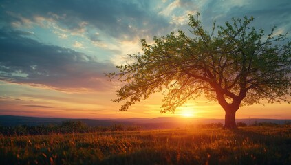Obraz premium Cherry tree leaves at sunset with inscription Lifes end, unknown future, peering, seasonal change