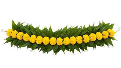 Vibrant marigold and fresh mango leaf garland, a symbol of auspiciousness and celebration