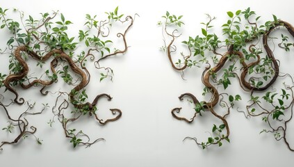 Cluster of twisting liana vines with green foliage set against a white backdrop for layout purposes