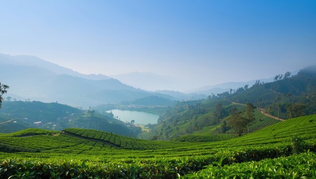 Tea plantation in Munnar hill station, lush greenery emphasizing agricultural landscape in Kerala India
