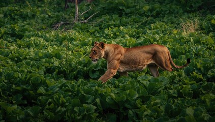 Lioness navigating lush collard greens, illustrating predator-prey interaction in greenery, World Wildlife Day