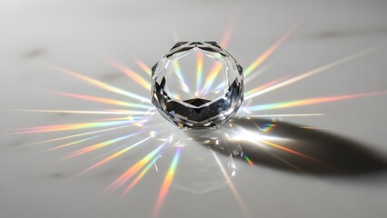 Close-up of a faceted clear crystal refracting light into a vibrant rainbow starburst pattern on a white surface.