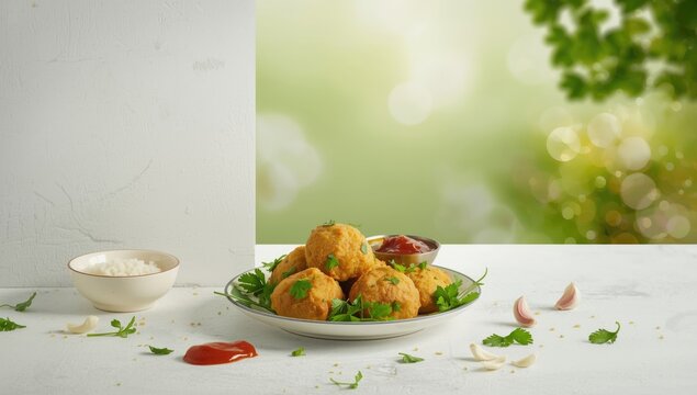 Coriander Pakora and Sambar Vadi alongside ketchup and mint chutney, emphasizing snack presentation in an Indian cuisine setting, World Food Day