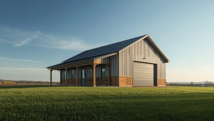 Metal-clad post frame house with roofing, siding, wainscoting, and roll-up door adjacent to porch, highlighting construction style and functionality