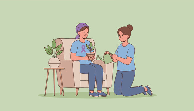Friends nurturing a plant symbolizing hope and care for cancer awareness and recovery