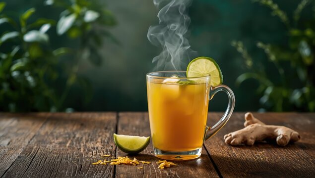 Warm ginger and lime infusion, often served as a health-oriented beverage, ideal for UI backgrounds, herbal spice, and liquid visuals
