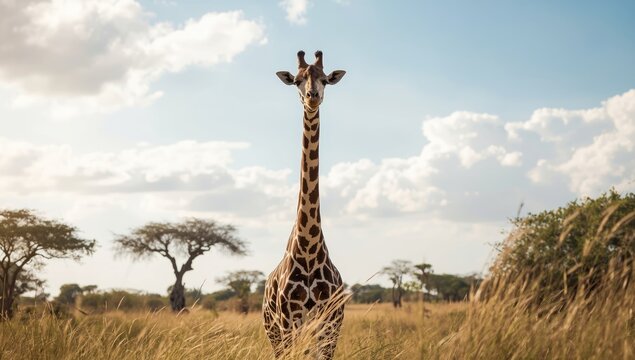 Giraffe's face portrait in natural grassland under summer sky, highlighting wildlife preservation, World Wildlife Day
