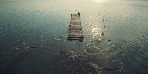 Lake surface covered with debris and a partially submerged pier, highlighting erosion and water level fluctuations