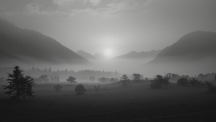 Fototapeta premium Tall monochrome photograph of a misty valley at dusk intended for editorial header background, natural scenery