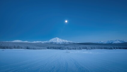 Obraz premium Snowy forest scene with majestic mountains and a bright full moon illuminating the winter night, highlighting seasonal transition