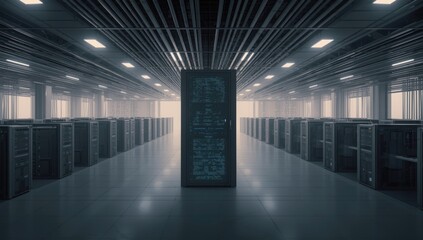 Data center featuring connected servers and workstations focusing on operational efficiency
