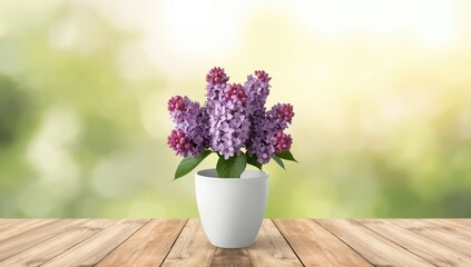 White pot with lilac flower arranged for floral display in seasonal garden scenes, nature background