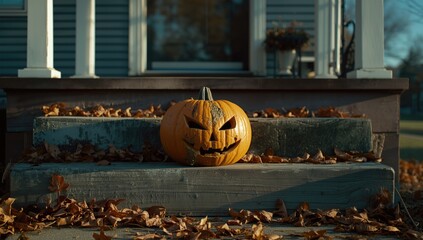 Obraz premium A weathered jack-o-lantern resting on a residential step after Halloween, highlighting seasonal wear and decay