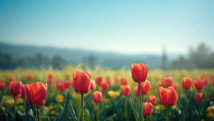 Lush green garden filled with bright red flowers designed as a floral backdrop for summer wallpaper, showcasing seasonal flora
