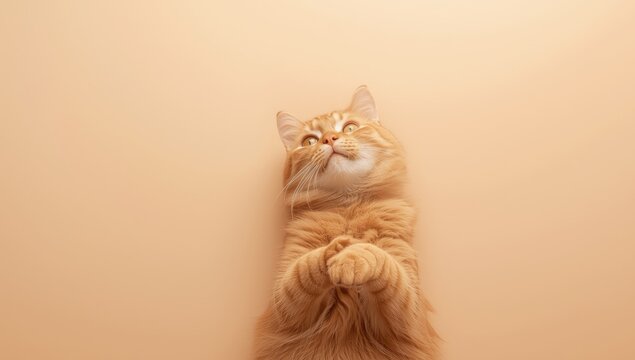 Close-up of a cat's paw with fluffy fur on a beige background, highlighting pet care and grooming, National Pet Care Week