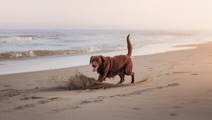 Adult brown dog digging in sandy beach with ocean waves in background, highlighting outdoor play, World Environment Day