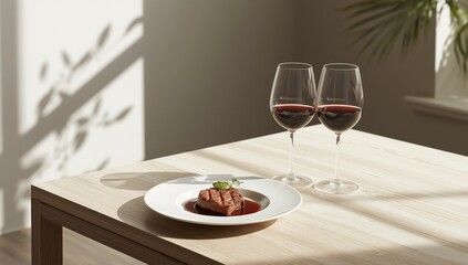 Dining arrangement with a beef entrÃ©e and red wine glasses, suitable for a formal dinner setting