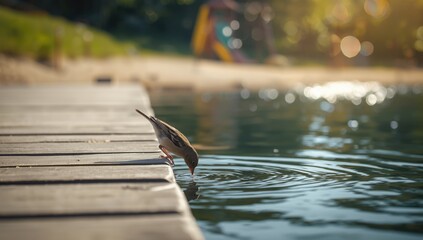 Young common chaffinch drinking from a lake close to a children's play area and wooden dock, seasonal wildlife