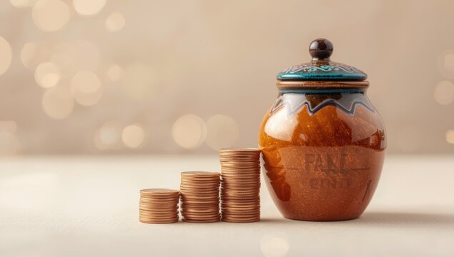 Coins and honey jar arrangement with British copper pennies and two pence coins adjacent to a glazed Spanish pottery container, highlighting material textures