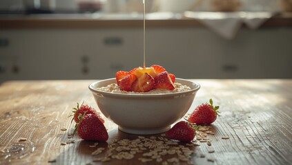 Bowl of oatmeal with ripe strawberries and honey, fiber-rich meal