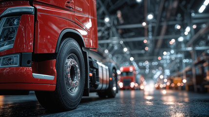 Red Truck Proudly Displayed in Modern Workshop with Black Tire and Silver Rim, Perfect for Automotive Advertising