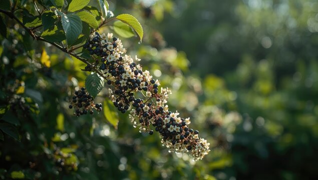 Fresh elderberries on branches, highlighting their role in traditional medicine preparations