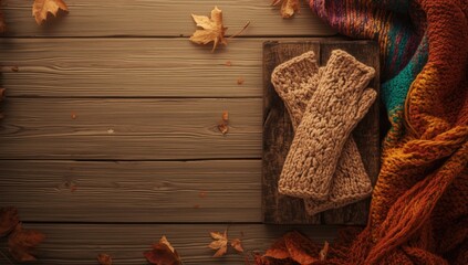 Retro image of a woman in warm winter attire with wool gloves and a colorful shawl on boards, emphasizing seasonal fashion