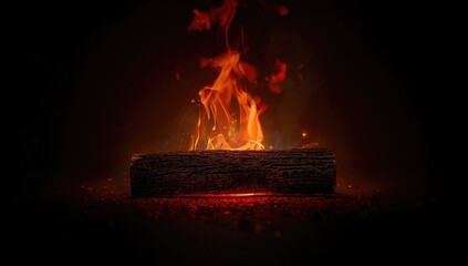 Detailed view of a burning wood log with visible flames and glowing coals, used as a background for design or informational content, winter season