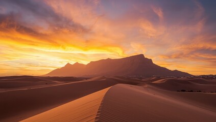 Naklejka premium Mountain outline at sunset behind rolling sand dunes, highlighting desert environment and evening light