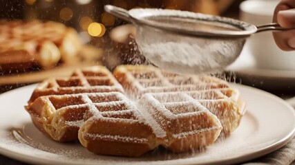 Begin with warm, golden waffles resting on a plate. A hand elegantly sifts powdered sugar, creating a soft shower that enhances their charm. Soft lighting adds to the inviting atmosphere.