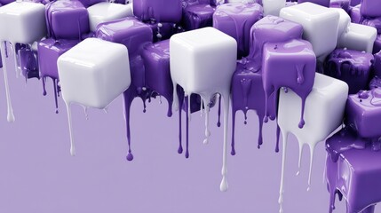Abstract composition. Cubes cascading, coated in vibrant purple paint and stark white, creating dynamic visual effect