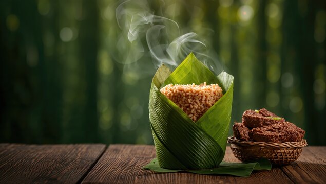 Lemang prepared using glutinous rice and banana leaf wrapping, cooked over open fire for cultural events