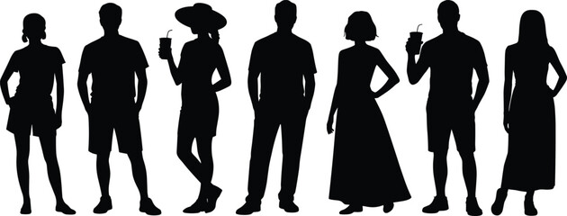 Silhouettes of casually dressed people standing in a row, showing diverse summer fashion and relaxed postures for design use