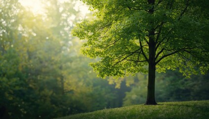 Fototapeta premium Deciduous hornbeam tree in natural forest environment, emphasizing timber harvesting and forest management