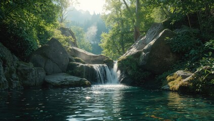 Flowing waterfall in vibrant forest setting, highlighting ecosystem preservation, Earth Day