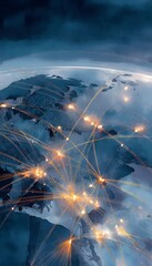 Global business network illustration radiating energy across connected cities on a world map