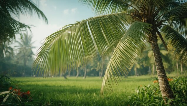 Coconut plant with lush green leaves in a rural setting, highlighting agricultural health
