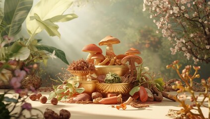 Herbal ingredients including Bai Zhu on a golden steelyard, emphasizing traditional medicine practices, World Herbal Medicine Day