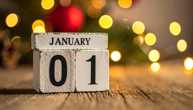 Rustic January 1st calendar on wooden surface, holiday lights and decorations softly blurred