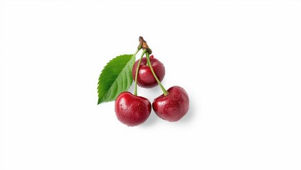 Cluster of ripe sweet cherries and leaf against a neutral backdrop, highlighting natural freshness