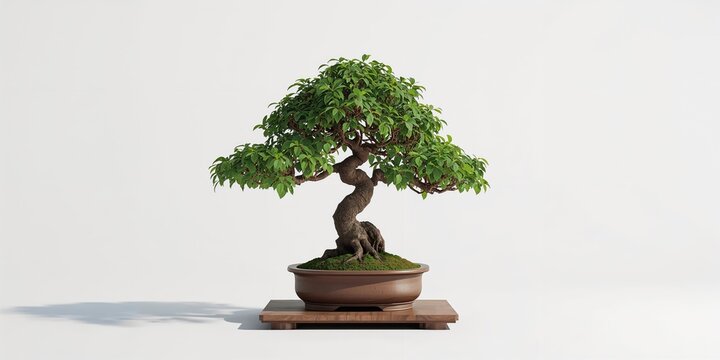 Ficus retusa bonsai tree, ficus panda variety, isolated on white, used for ornamental display